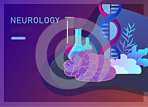 Neurology genetics concept. Flat style little people doctors medical team working, constructing DNA, researching