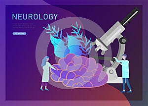 Neurology genetics concept. Flat style little people doctors medical team working, constructing DNA, researching