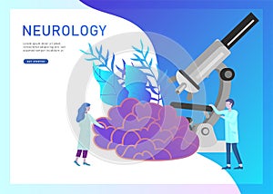 Neurology genetics concept. Flat style little people doctors medical team working, constructing DNA, researching
