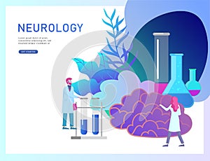 Neurology genetics concept. Flat style little people doctors medical team working, constructing DNA, researching