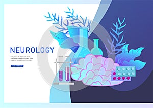 Neurology genetics concept. Flat style little people doctors medical team working, constructing DNA, researching