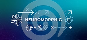 Neuromorphic computing concept on blue gradient background icons show brain like circuit and microchip representing hardware