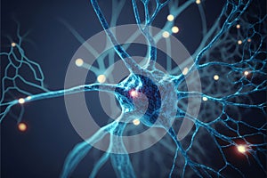 Neuron cell, 3D illustration. Neuron cell with neurons and nervous system