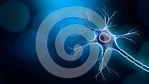 Neuron cell body with nucleus design, 3D rendering illustration with copy space and blue background. Neuroscience, neurology,