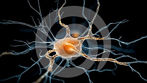 A neuron cell with glowing link knots. A nerve cell in brain. Generative AI