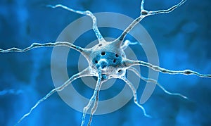 3D Render of a Neuron Cell with Dendrites and Axon on Blue Background