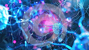 Neuron cells on abstract backdrop depict neural connections in human brain with glowing synapses. Ai Generated