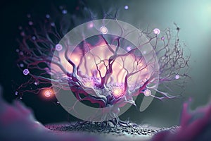 Neuron cells with glowing link knots. Neurons in brain on with focus effect. Synapse and Neuron cells sending electrical chemical