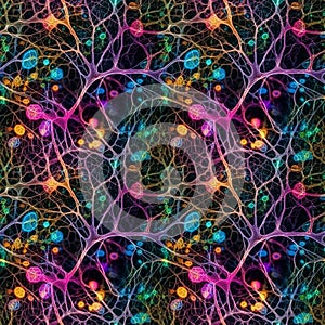 Neuron cells with multicolored glowing link knots in dark space. AI generative illustration