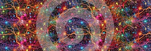 Neuron cells with multicolored glowing link knots in dark space. AI generative illustration