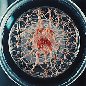 Neuron-like Structure in Petri Dish: Interconnected Web of Biological Nodes. photo