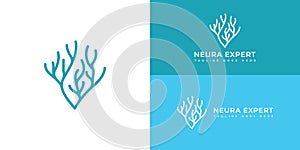 Neuron Nerve Cell or Coral Seaweed logo in blue color presented with multiple white and blue background colors