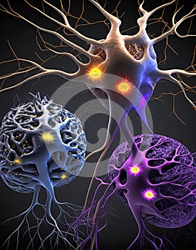 Neuron network brain cells. Human nervous system and brain activity concept. Generative AI