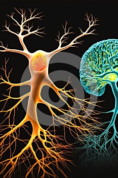 Neuron network brain cells. Human nervous system and brain activity concept. Generative AI