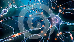 Neuronal network with electrical activity of neuron cells 3D rendering illustration. Neuroscience, neurology, nervous system and