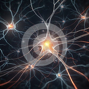 Neuronal network with electrical activity of neuron cells AI generated illustration. Neuroscience, neurology, nervous system and