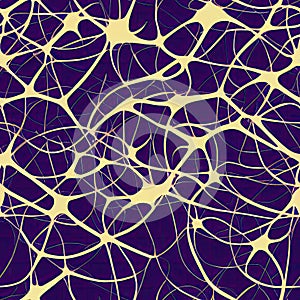 Neuronal network, seamless pattern in purple and yellow. AI generative illustration, pattern generated by AI