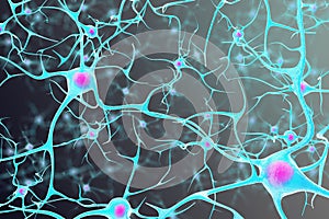 Neurons in the brain with a nucleus inside on black background. 3d illustration photo