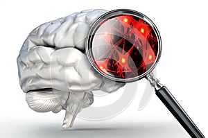 Neurons close up on magnifying glass and human brain