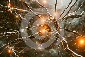 Neurons connect and transmit signals through synapses, brilliantly illuminated photo