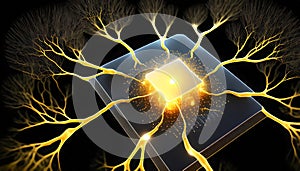 Neurons connected to microchip. Neuromorphic computing. Generative AI image. photo