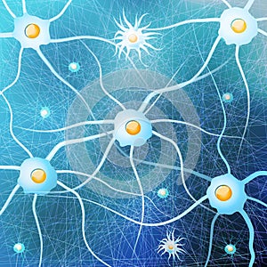 Neurons and glial cells in the brain on blue background