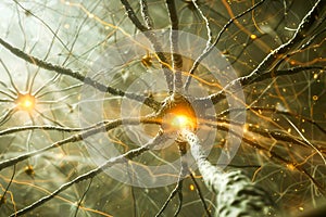 Neurons interconnect with bright signals representing brain activity photo
