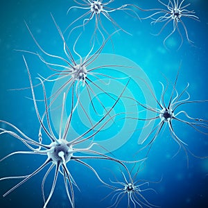 Neurons transmission signals in the head on blue background. Synapse, 3d rendering