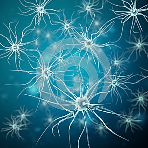 Neurons transmission signals in the head on blue background. Synapse, 3d rendering