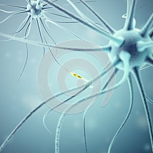 Neurons transmission signals in the head on blue background. Synapse, 3d rendering