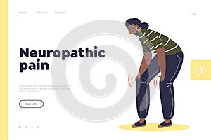 Neuropathic pain concept of landing page with young woman suffer from ache in knees