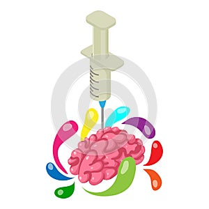 Neurophysiology icon isometric vector. Realistic human brain disposable syringe