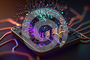 Neuroprocessor. An abstract 3D illustration of a chip processor with bioluminescent elements, representing the intersection of