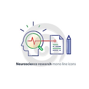 Neuroscience and psychology concept logo, science research, paper document and pencil