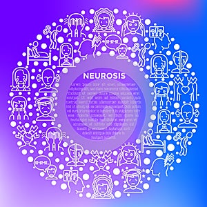 Neurosis concept in circle with thin line icon: panic attack, headache, fatigue, insomnia, despair, phobia, mood instability,