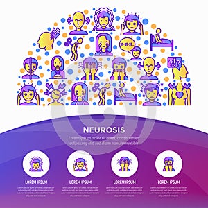 Neurosis concept in half circle with thin line icon: panic attack, headache, fatigue, insomnia, despair, phobia, mood instability