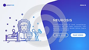 Neurosis concept: man feeling panic attack, fatigue and insomnia. Vector illustration, web page template on gradient background