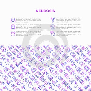 Neurosis concept with thin line icon: panic attack, headache, fatigue, insomnia, despair, phobia, mood instability, stuttering,