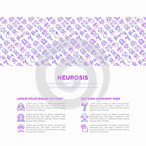 Neurosis concept with thin line icon: panic attack, headache, fatigue, insomnia, despair, phobia, mood instability, stuttering,