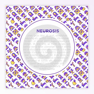 Neurosis concept with thin line icon: panic attack, headache, fatigue, insomnia, despair, phobia, mood instability, stuttering,