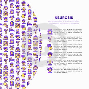 Neurosis concept with thin line icon: panic attack, headache, fatigue, insomnia, despair, phobia, mood instability, stuttering,