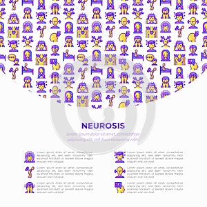 Neurosis concept with thin line icon: panic attack, headache, fatigue, insomnia, despair, phobia, mood instability, stuttering,