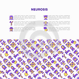 Neurosis concept with thin line icon: panic attack, headache, fatigue, insomnia, despair, phobia, mood instability, stuttering, photo