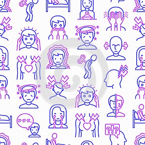 Neurosis seamless pattern with thin line icon: panic attack, headache, fatigue, insomnia, despair, phobia, mood instability,