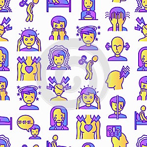 Neurosis seamless pattern with thin line icon: panic attack, headache, fatigue, insomnia, despair, phobia, mood instability, photo