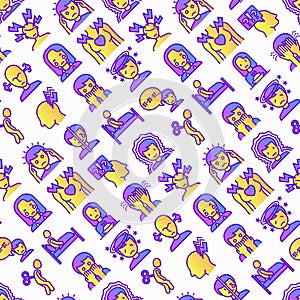 Neurosis seamless pattern with thin line icon: panic attack, headache, fatigue, insomnia, despair, phobia, mood instability, photo