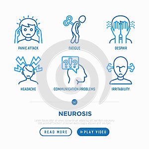 Neurosis thin line icon set: panic attack, headache, fatigue, despair, phobia, irritability. Vector illustration