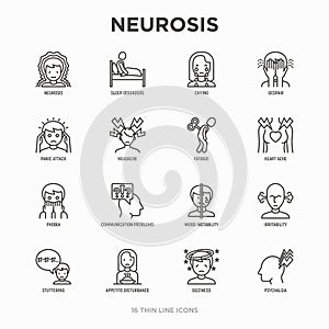 Neurosis thin line icon set: panic attack, headache, fatigue, insomnia, despair, phobia, mood instability, stuttering, psychalgia