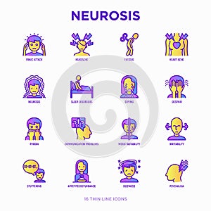 Neurosis thin line icon set: panic attack, headache, fatigue, insomnia, despair, phobia, mood instability, stuttering, psychalgia