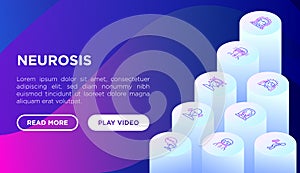 Neurosis web page template with thin line isometric icon: panic attack, headache, fatigue, insomnia, despair, phobia, mood